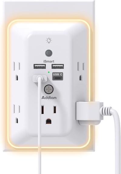 Addtam 9-in-1 Surge Protector Outlet Extender with USB-C and Night Light