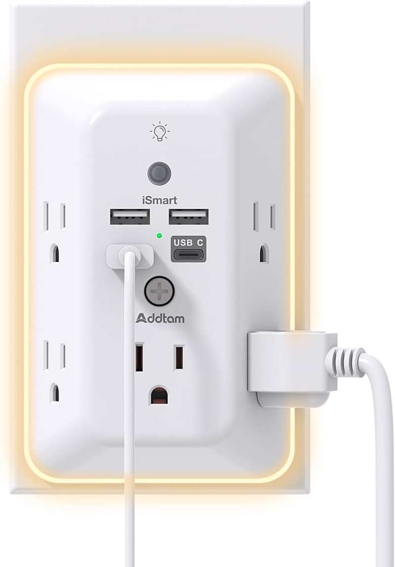Addtam 9-in-1 Surge Protector Outlet Extender with USB-C and Night Light