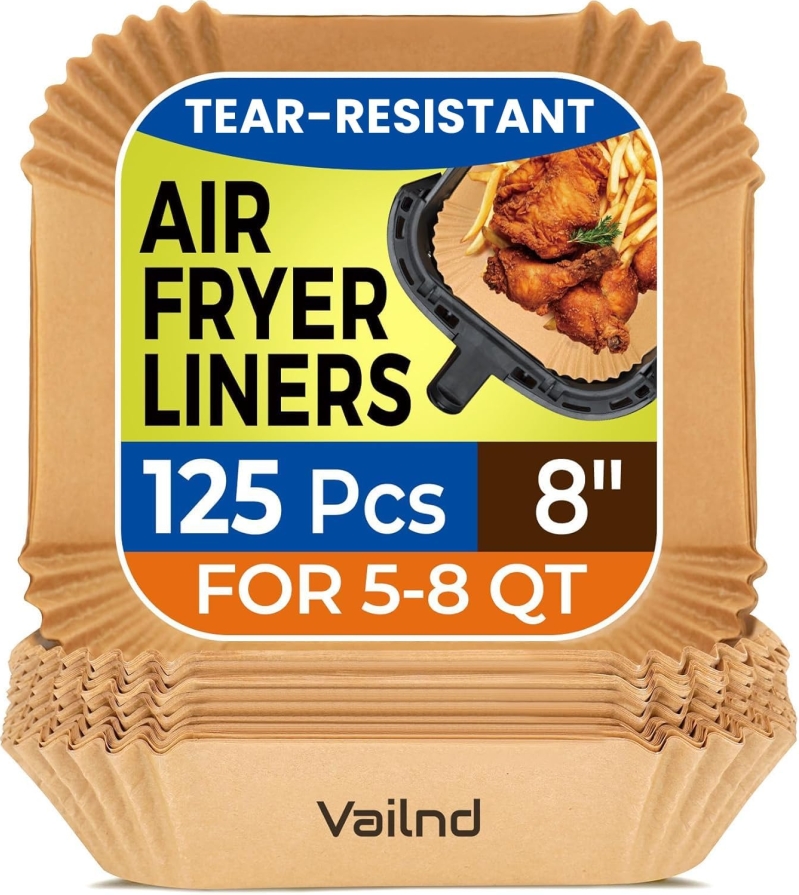 Vailnd 125pcs Square Air Fryer Disposable Paper Liners - 8 Inch Unbleached Parchment