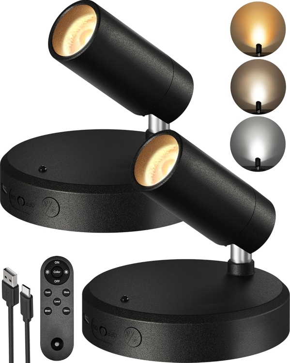 EZVALO Rechargeable Wireless Indoor Spotlights with Remote - 2-Pack Black