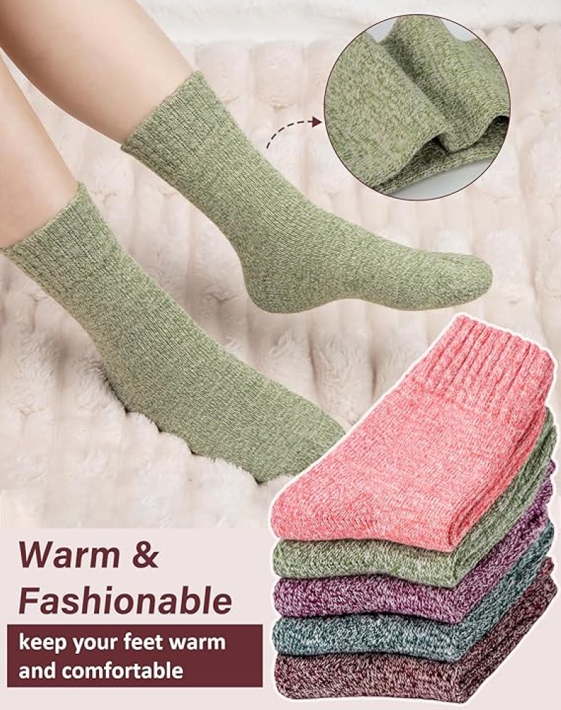 Loritta Women's Wool Winter Socks - 5-Pack Warm Knit Crew Boot Socks