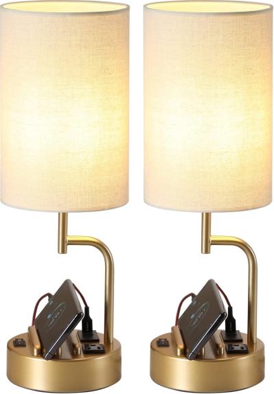 Dreamholder Modern Table Lamps with 3 USB Ports and AC Outlet - 2-Pack Gold