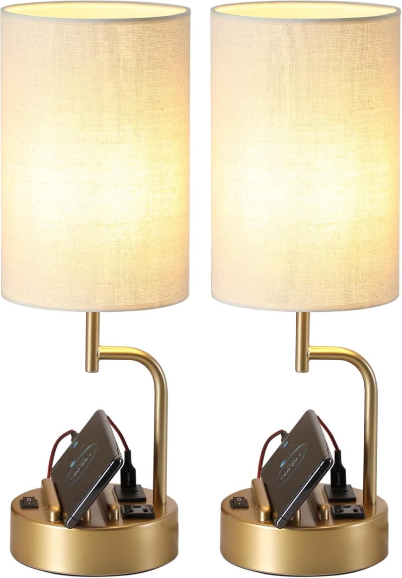 Dreamholder Modern Table Lamps with 3 USB Ports and AC Outlet - 2-Pack Gold