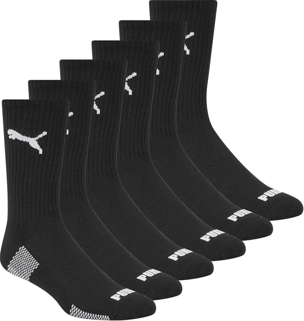 6-Pairs PUMA Men's Crew Socks - Black/White (Size 10-13)
