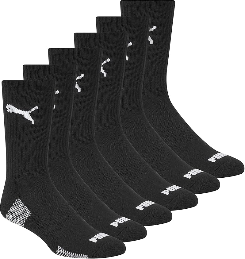 6-Pairs PUMA Men's Crew Socks - Black/White (Size 10-13)