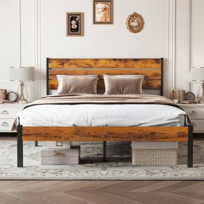 Sweetcrispy Queen Size Bed Frame with Industrial Headboard - Rust Brown