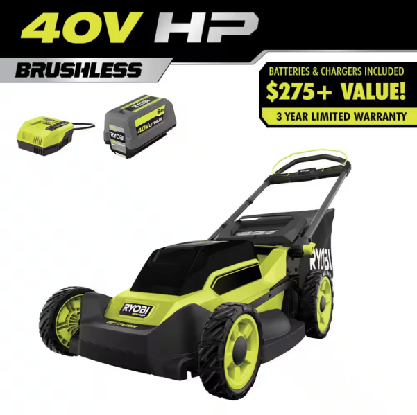 RYOBI 40V HP Brushless 20-inch Cordless Push Lawn Mower Kit with 6.0 Ah Battery and Charger