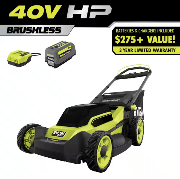 RYOBI 40V HP Brushless 20-inch Cordless Push Lawn Mower Kit with 6.0 Ah Battery and Charger