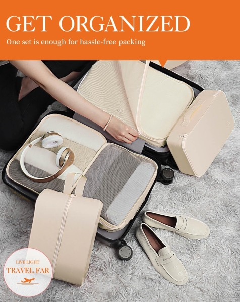 HOTOR 6-Piece Travel Packing Cubes Set for Suitcases - Lightweight Luggage Organizers, Beige