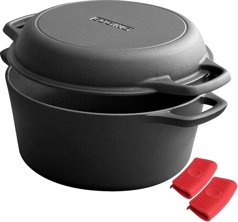2-in-1 Pre-Seasoned Cast Iron Dutch Oven and Skillet Lid Set - 5 Qt Multi-Cooker