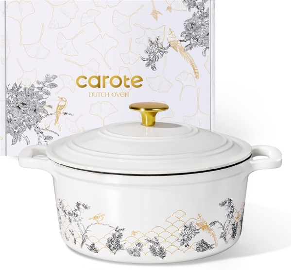 CAROTE 5QT Enameled Cast Iron Dutch Oven - Floral Pattern with Gift Box (White)