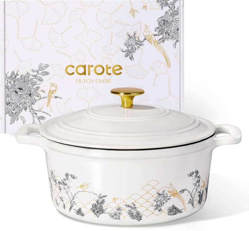 CAROTE 5QT Enameled Cast Iron Dutch Oven - Floral Pattern with Gift Box (White)