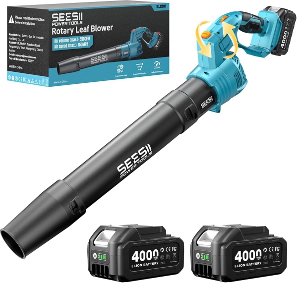 SEESII Cordless Leaf Blower - 550CFM 150MPH with 180° Rotating Head & 2x4.0Ah Batteries