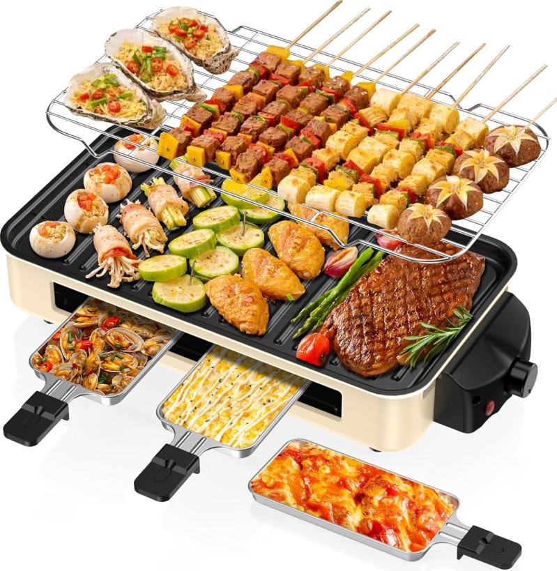 2-in-1 Electric Indoor Smokeless Grill - 1500W Korean BBQ & Raclette with 3 Cheese Pans