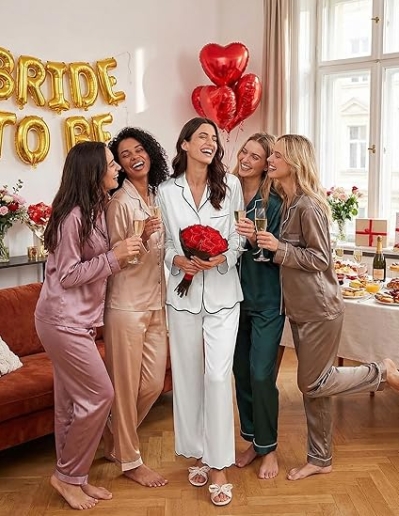 Ekouaer Women's Satin Pajama Set - Long Sleeve Ruffle Trim Silk-Feel PJ Set