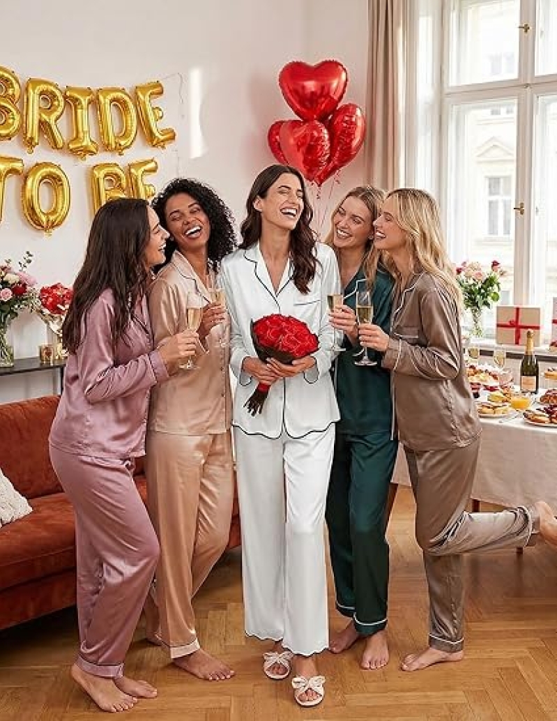 Ekouaer Women's Satin Pajama Set - Long Sleeve Ruffle Trim Silk-Feel PJ Set