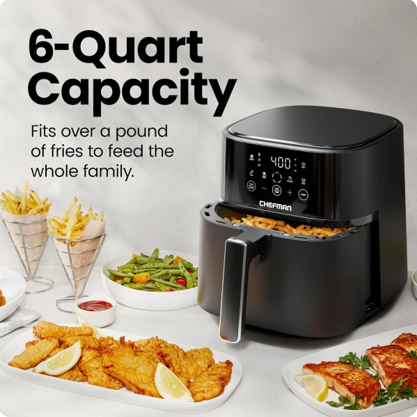 Chefman 6-Quart Compact Digital Air Fryer - 450°F Hi-Fry Technology (Black)