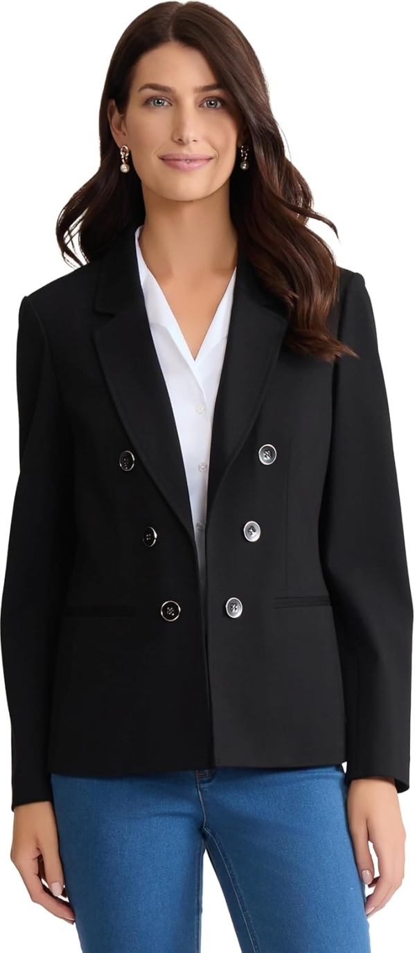 Jones New York Women's Stretch Faux Double-Breasted Blazer - Wrinkle-Resistant Tailored Jacket