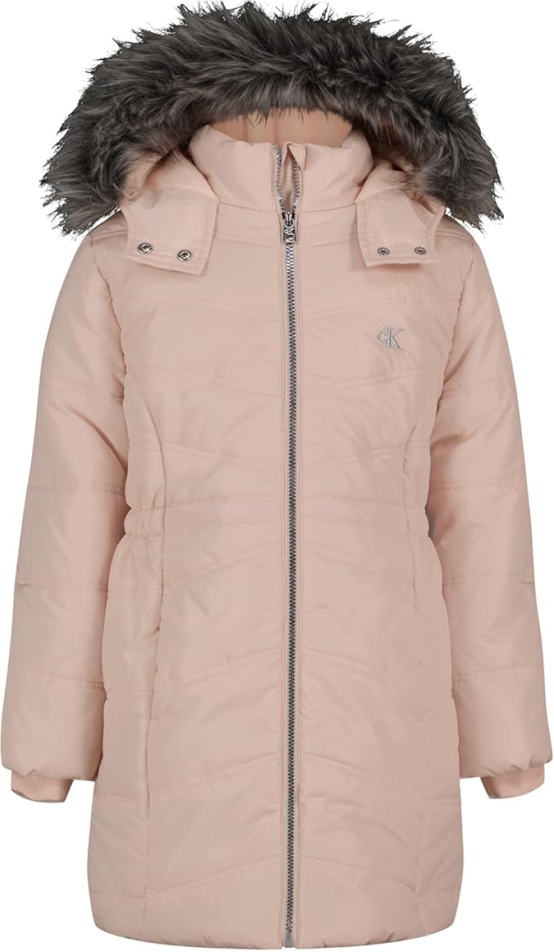 Calvin Klein Girls' Heavyweight Full-Length Winter Puffer Jacket - Fleece-Lined Coat with Faux Fur Hood