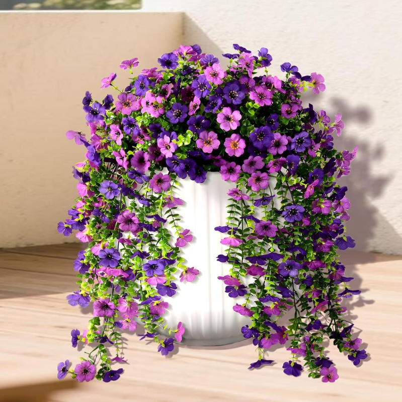 Artificial Outdoor Daisy & Eucalyptus Hanging Flowers - 2 Pack UV Resistant Silk Plants (Double Purple)