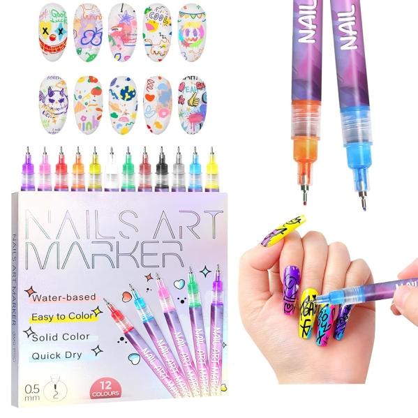 12 Colors 3D Nail Art Polish Pens Set - 0.5mm Ultra Fine Tip Acrylic Markers