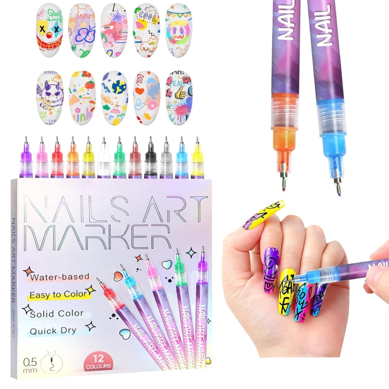 12 Colors 3D Nail Art Polish Pens Set - 0.5mm Ultra Fine Tip Acrylic Markers