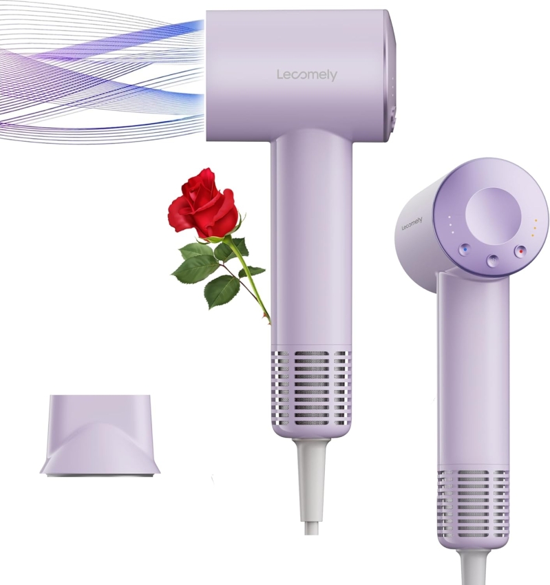 Lecomely Dual Voltage Travel Hair Dryer - High-Speed 110,000 RPM Ionic Blow Dryer (Purple)