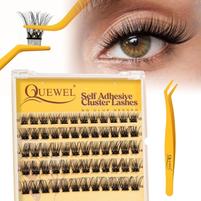 QUEWEL Self-Adhesive Lash Clusters Kit - Pre-Glued D-Curl Press-On Extensions (10-16mm)