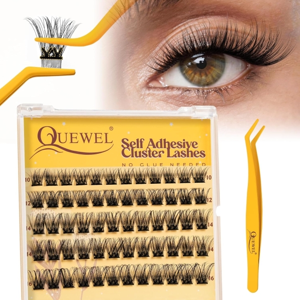 QUEWEL Self-Adhesive Lash Clusters Kit - Pre-Glued D-Curl Press-On Extensions (10-16mm)