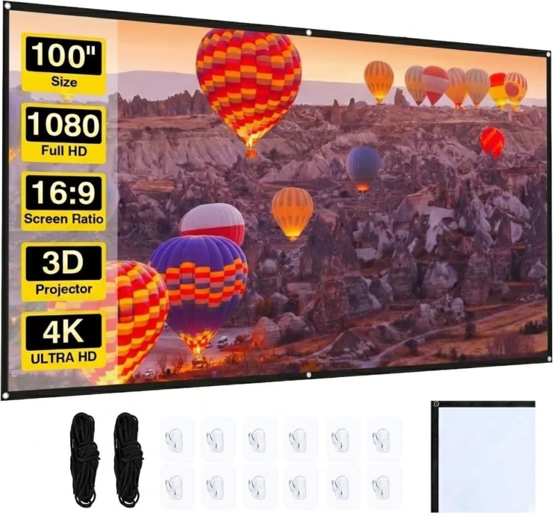 100 inch Portable Projector Screen - 4K HD Foldable 16:9 Movie Screen for Indoor & Outdoor