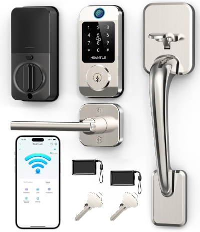 HEANTLE Wi-Fi Smart Door Lock Set - 7-in-1 Keyless Entry Deadbolt with Handle (Silver)