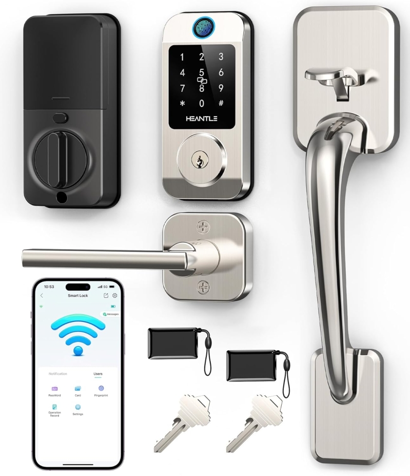 HEANTLE Wi-Fi Smart Door Lock Set - 7-in-1 Keyless Entry Deadbolt with Handle (Silver)