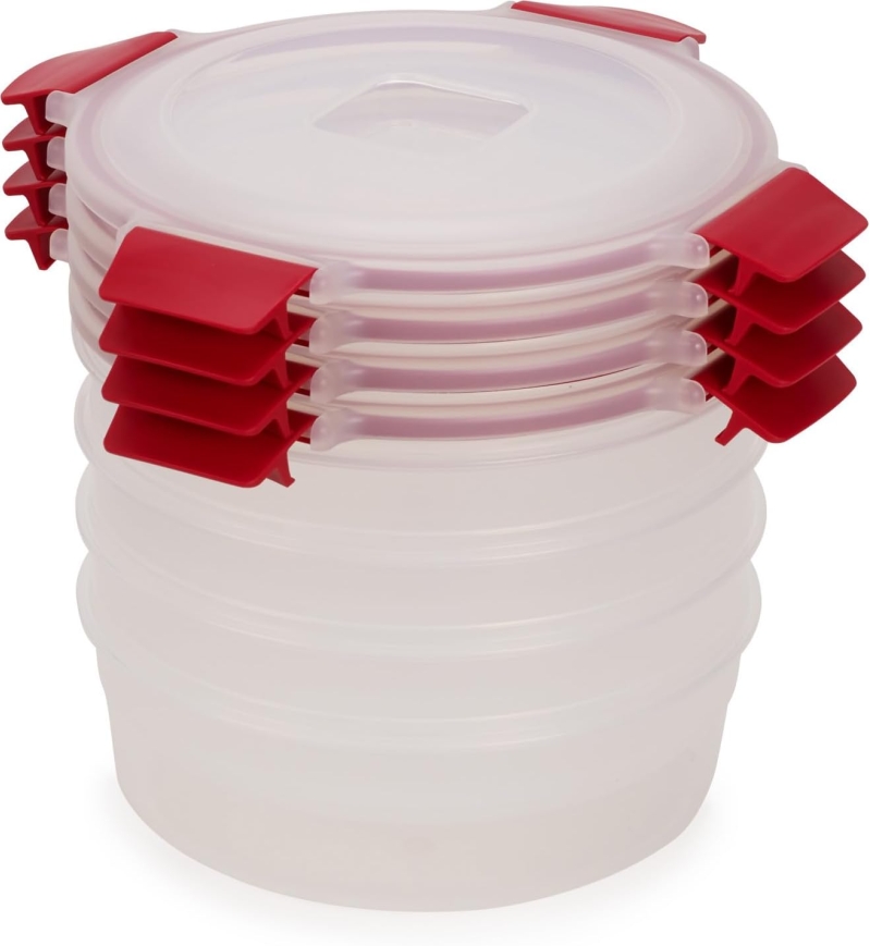 Joseph Joseph Nest Lock 8-Piece Round Food Storage Container Set - Space-Saving Leakproof Lids (Red)