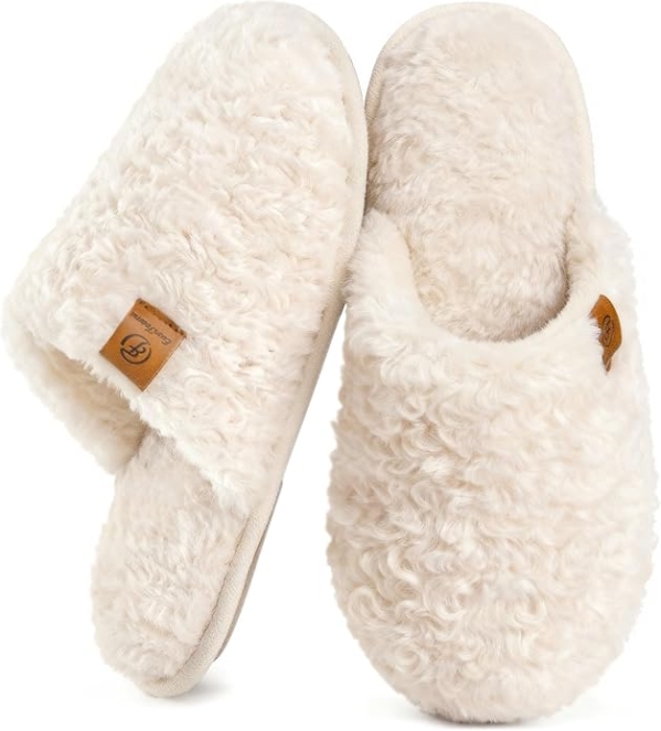 EverFoams Women's Fuzzy Slip-On Slippers - Lightweight 80D Memory Foam House Shoes