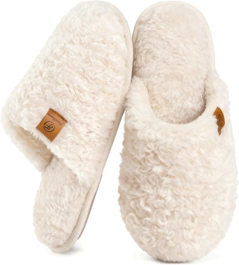 EverFoams Women's Fuzzy Slip-On Slippers - Lightweight 80D Memory Foam House Shoes