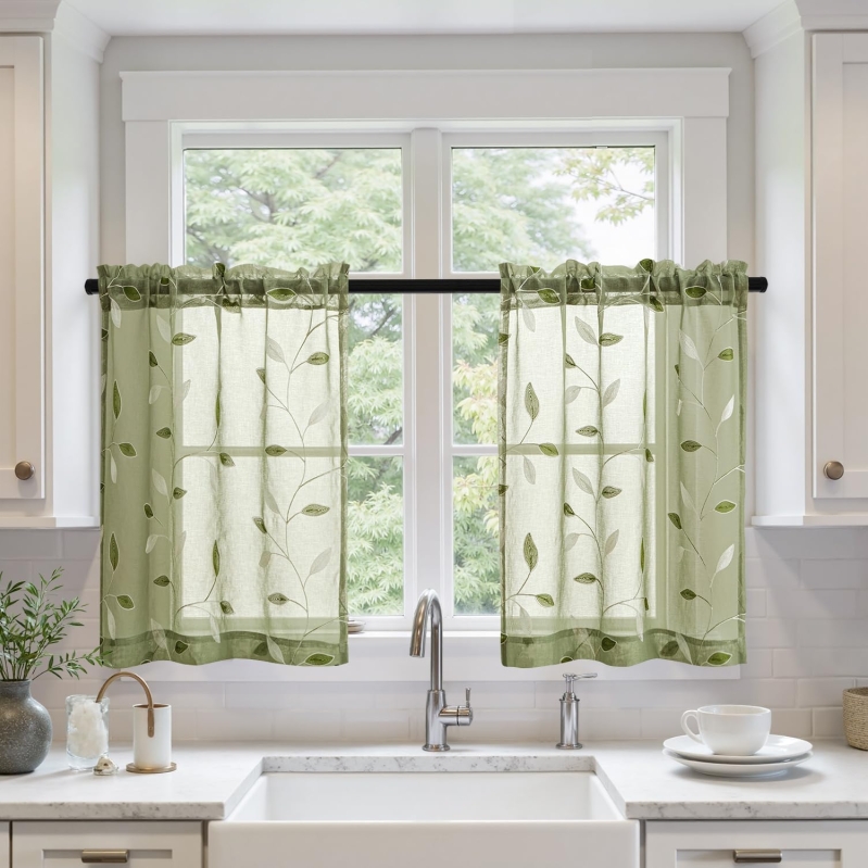 MIULEE Sage Green Sheer Kitchen Curtains - 36