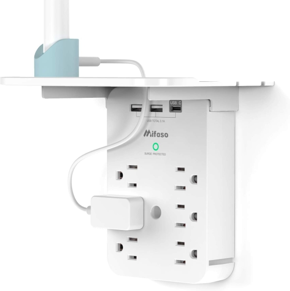 Wall Outlet Extender with Surge Protector - 6 AC Outlets, 3 USB Ports & Removable Shelf