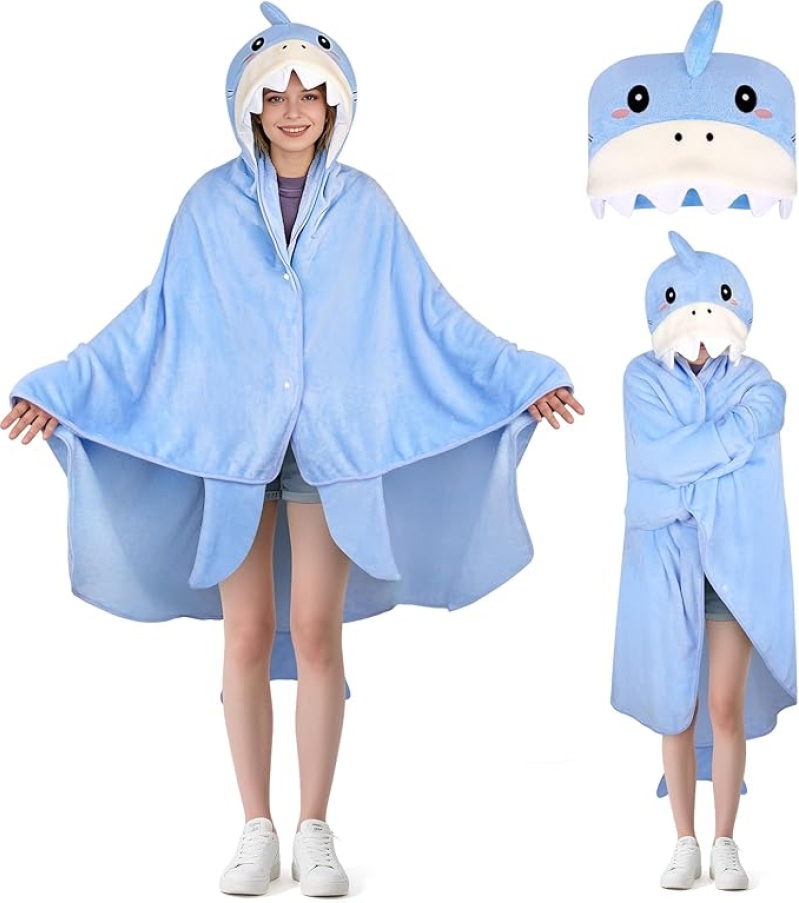 Shark Wearable Hooded Blanket - Ultra-Soft Shark Hoodie Cloak with Built-in Gloves