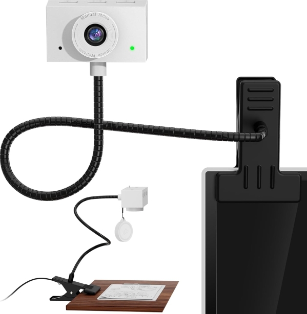 1080P Gooseneck Webcam for PC & Laptop - Flexible Eye-Contact Camera with Desk Clamp (White)