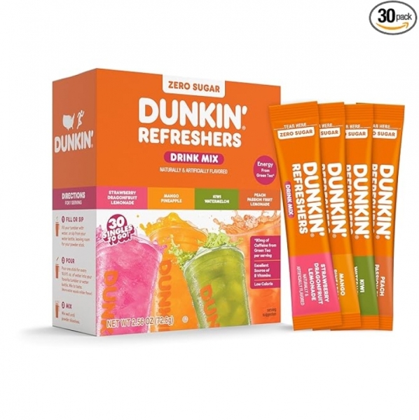 Save 27% on 30-Pack Dunkin’ Refreshers Singles To Go! Aspartame-Free Energy Boost