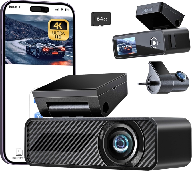 Pelsee P1 Duo 4K Front and Rear Dash Cam - Dual Car Camera with Wi-Fi & 64GB Card
