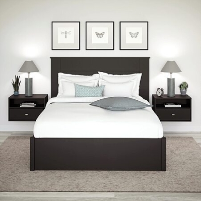 Prepac Floating Shelf Side Table Set – 2 Black Units with Drawer & Brass Knobs – $87.99