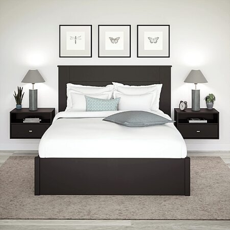 Prepac Floating Shelf Side Table Set – 2 Black Units with Drawer & Brass Knobs – $87.99