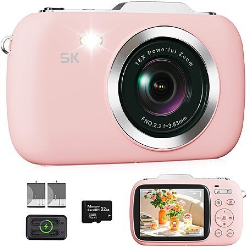 5K Pink Digital Camera – 80MP UHD, 18X Zoom + 32GB Card for $19.98