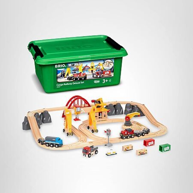 BRIO World Cargo Railway Deluxe – 54‑Piece Wooden Train Set – Battery Engine + Cranes, Bridge, Truck – $153.99