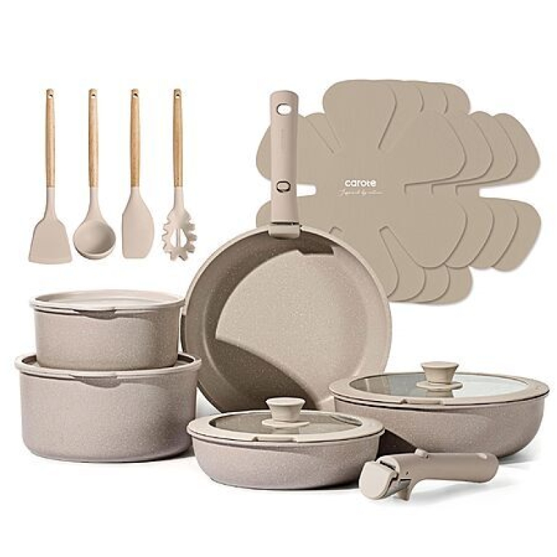 19‑Piece Carote Nonstick Cookware Set – Detachable Handles, Taupe – $59.97 Free Shipping