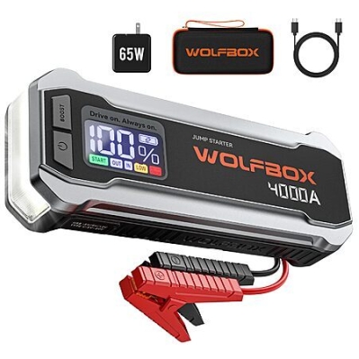 WOLFBOX 4000A Portable Car Jump Starter – 24,000 mAh + 65W Charger for $59.99 (Save 50%)